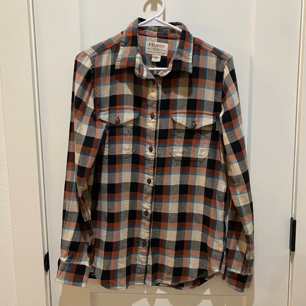 Filson Womens Plaid Flannel Shirt Small Orange Blue Multi Button Down Top